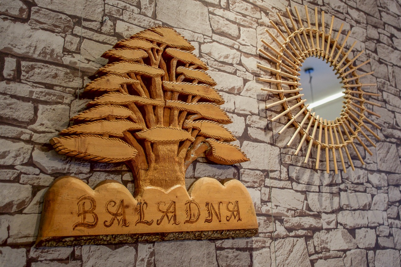 Cèdre du Liban sculpté en bois au nom de Baladna et miroir soleil sur mur de pierre