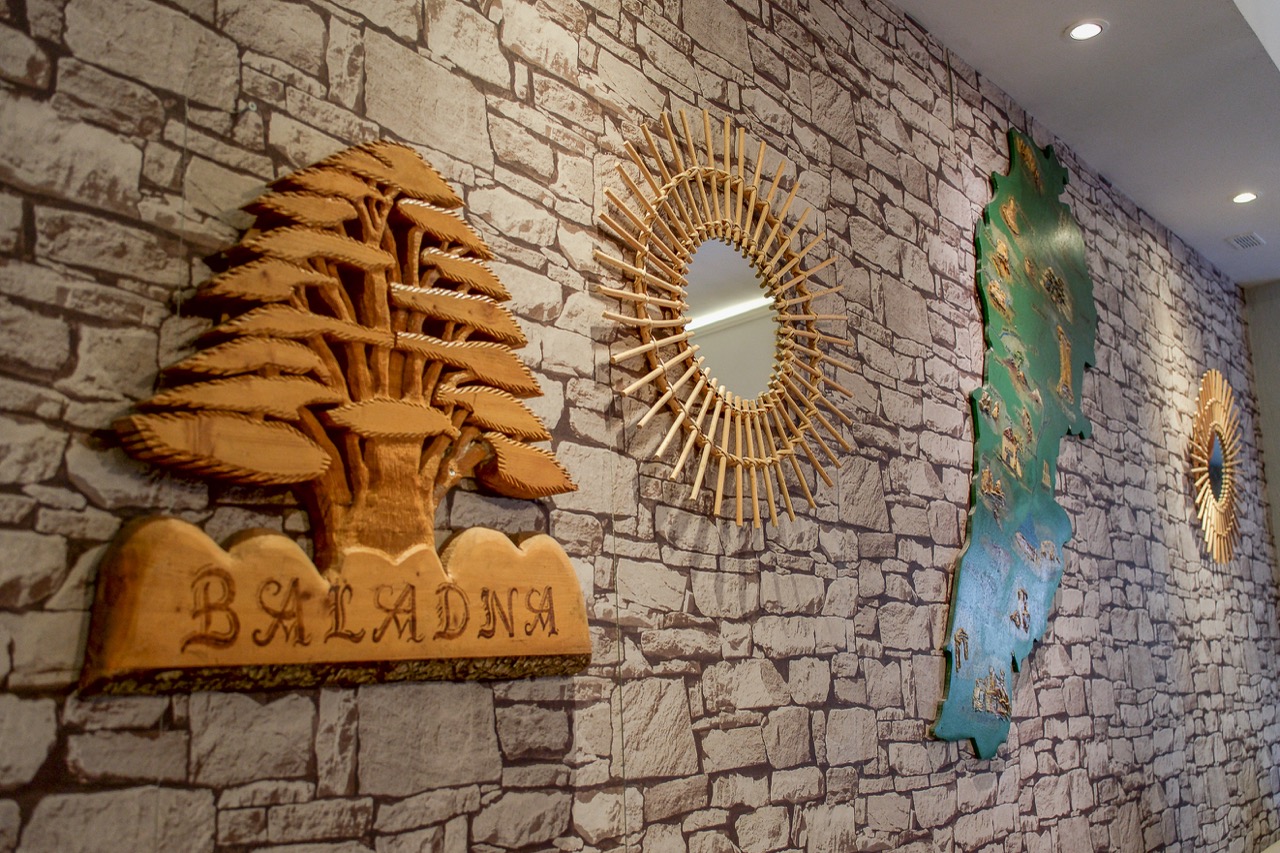 Cèdre du Liban sculpté portant le nom Baladna et carte du Liban accrochés au mur de pierre